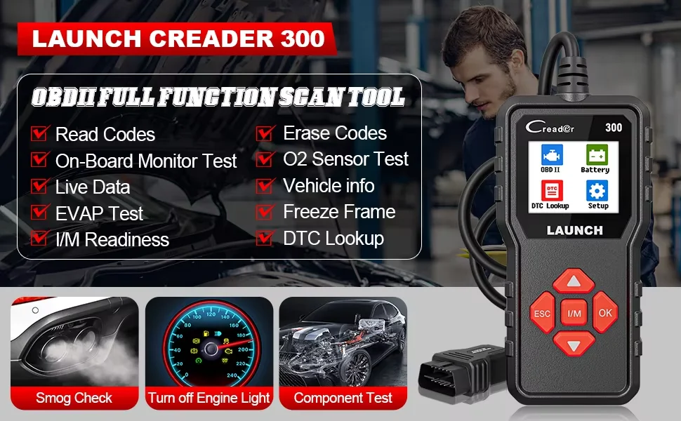 Check Engine Code Reader, LAUNCH Creader CR300 OBD2 Scanner Diagnosegerät, Live-Daten-Batteriespannungstest, DTCs lesen und löschen, I/M-Bereitschaftsprüfung, für Fahrzeuge ab 1996, LKWs, SUVs, OBDII – Detail 1
