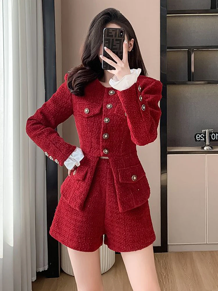 Autumn Winter Clothes Tweed Two Piece Pant Set Women High Street Luxury Fashion Jacket Coat + Short 2 Piece Sets Women Outfit