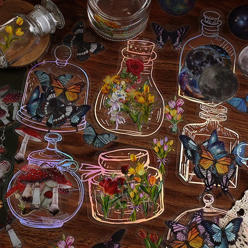 

40Pieces PET Stickers literary Transparent Bottle Flowers Album Butterfly Retro Scrapbooking Supplies Decorative 80-120MM