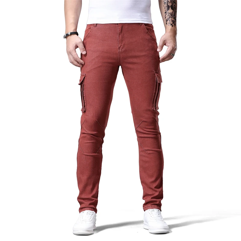 

New Jeans Men's Side Pocket Skinny Jeans Slim Solid Color Mid Waist Denim Pencil Pants Spring Autumn