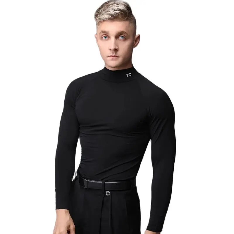 Fashion Male High Collar Modern Dancing Top Black Long Sleeved Ballroom Dance Tops Men Performance Latin Dance Shirt SL9593