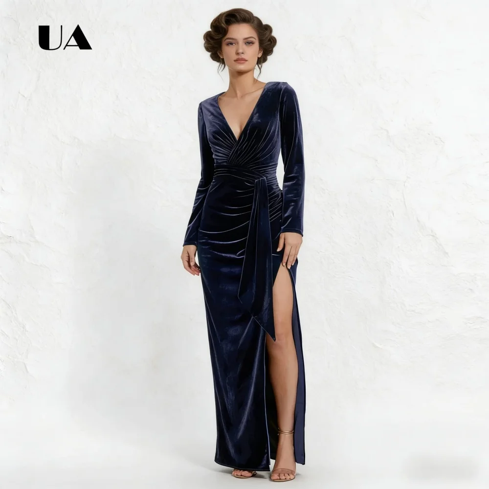 

Sexy Long Sheath V-neck Prom Dress, Tailored Size High-slit Evening Dress, Dark Blue Ruched Velvet Party Gown with Full Sleeves