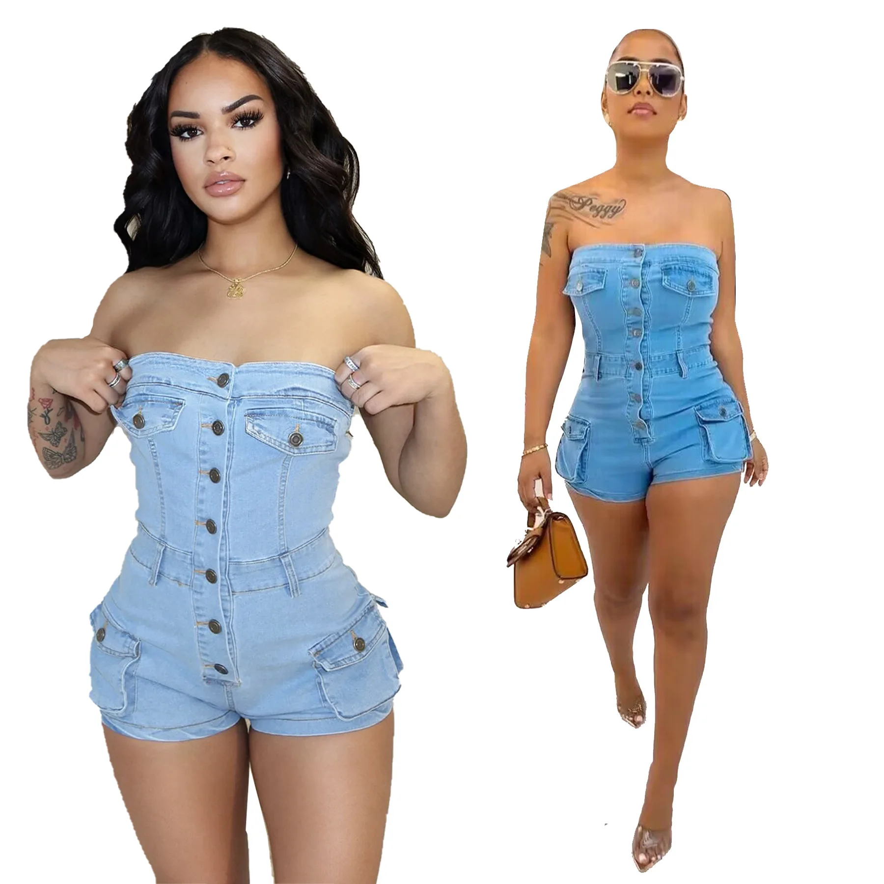 Summer Sexy Sleeveless Rompers Short Jumpsuit Women One Piece Romper Button Strapless Pocket Side Cargo Denim Stretch Playsuits