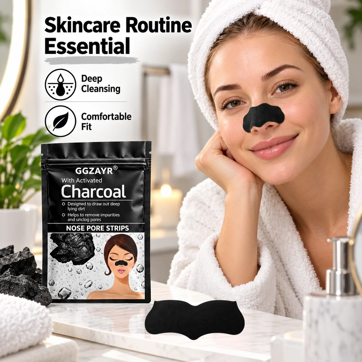 12PCS Black Charcoal Nose Pore Strips, Deep Cleansing Nose Stickers for Daily Skin Care