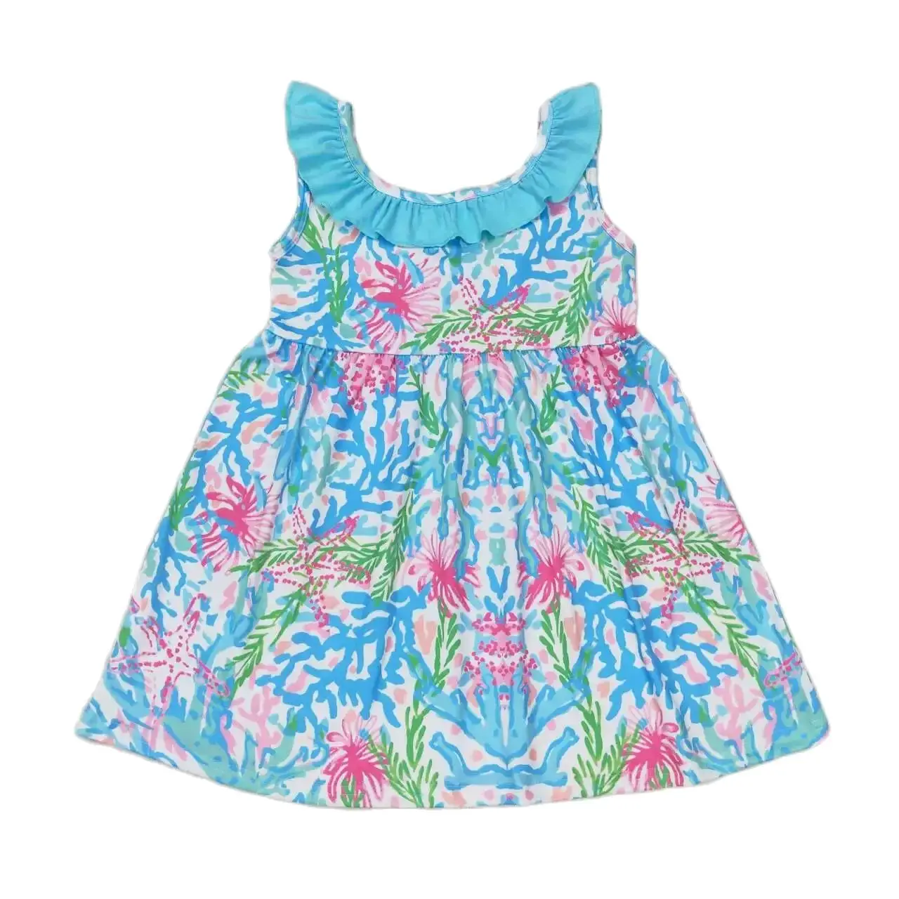 

GSD1138 Kids Girls Dresses Sleeves Top Seagrass Blue Lace Bow Print With Dress Children Clothes