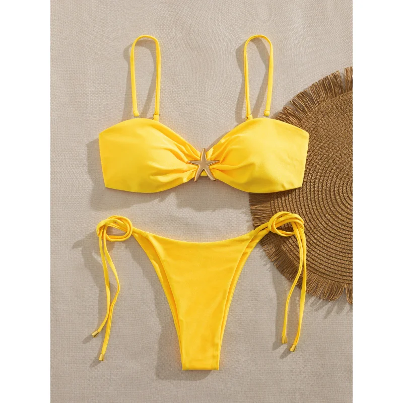 

New Soft Bag Solid Color Metal Starfish Decoration Adjustable Shoulder Strap Elegant Party Bikini Set