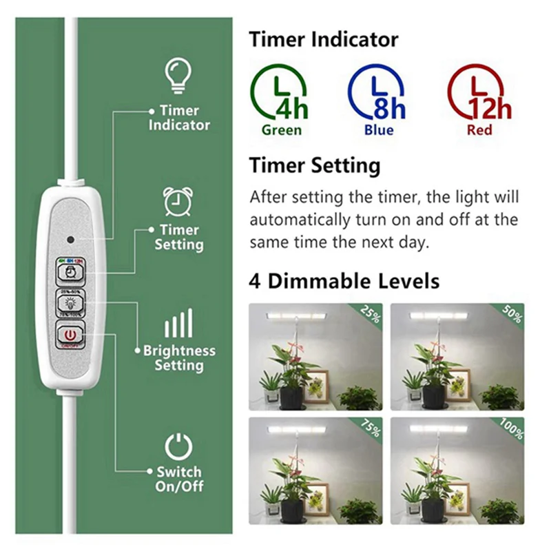 

SYW-2X Grow Light, Full Spectrum LED Plant Light For Plants, Height Adjustable Growing Lamp With Auto On/Off Timer 4H/8H/12H