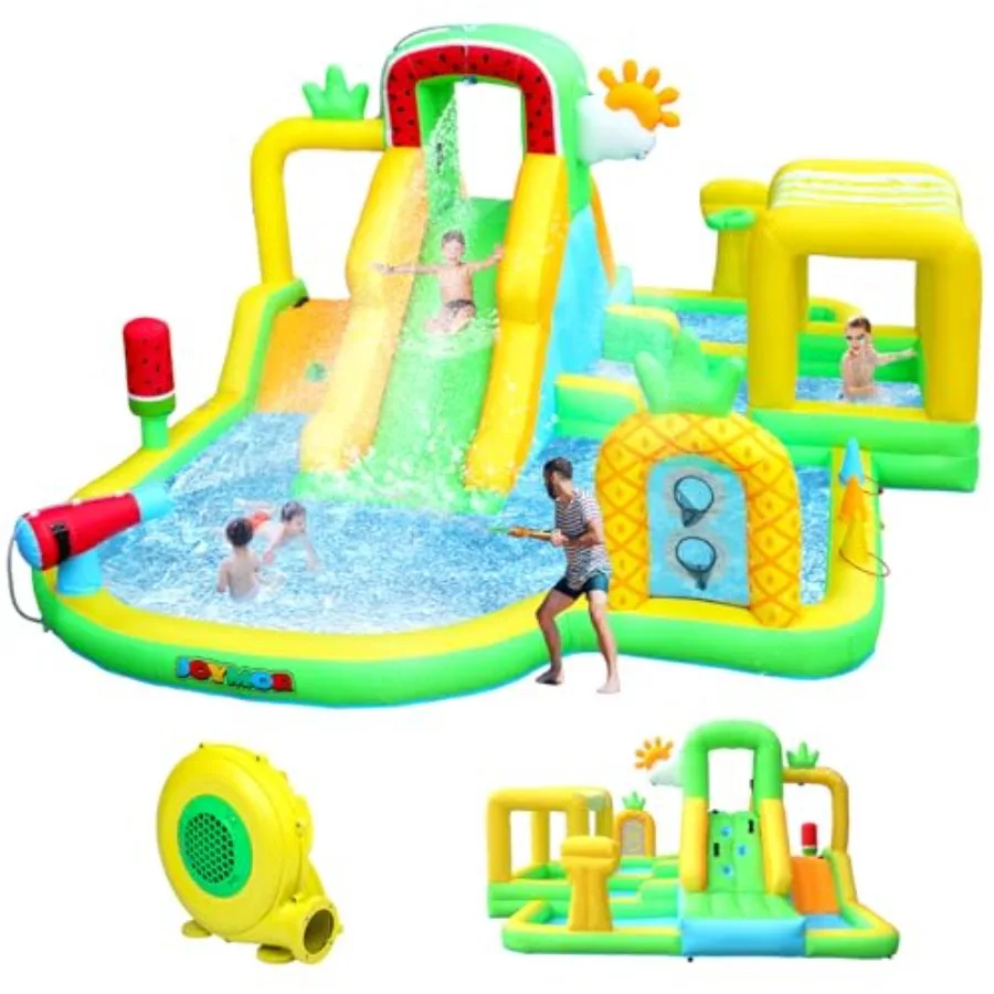 

Inflatable Water Slide for Kids，Fruit Tropical Watermelon & Pineapple Theme Inflatable Water Park with Shaded Splash Pool, Dual Slides & Games –Backyard Summer Fun for Ages 3-8
