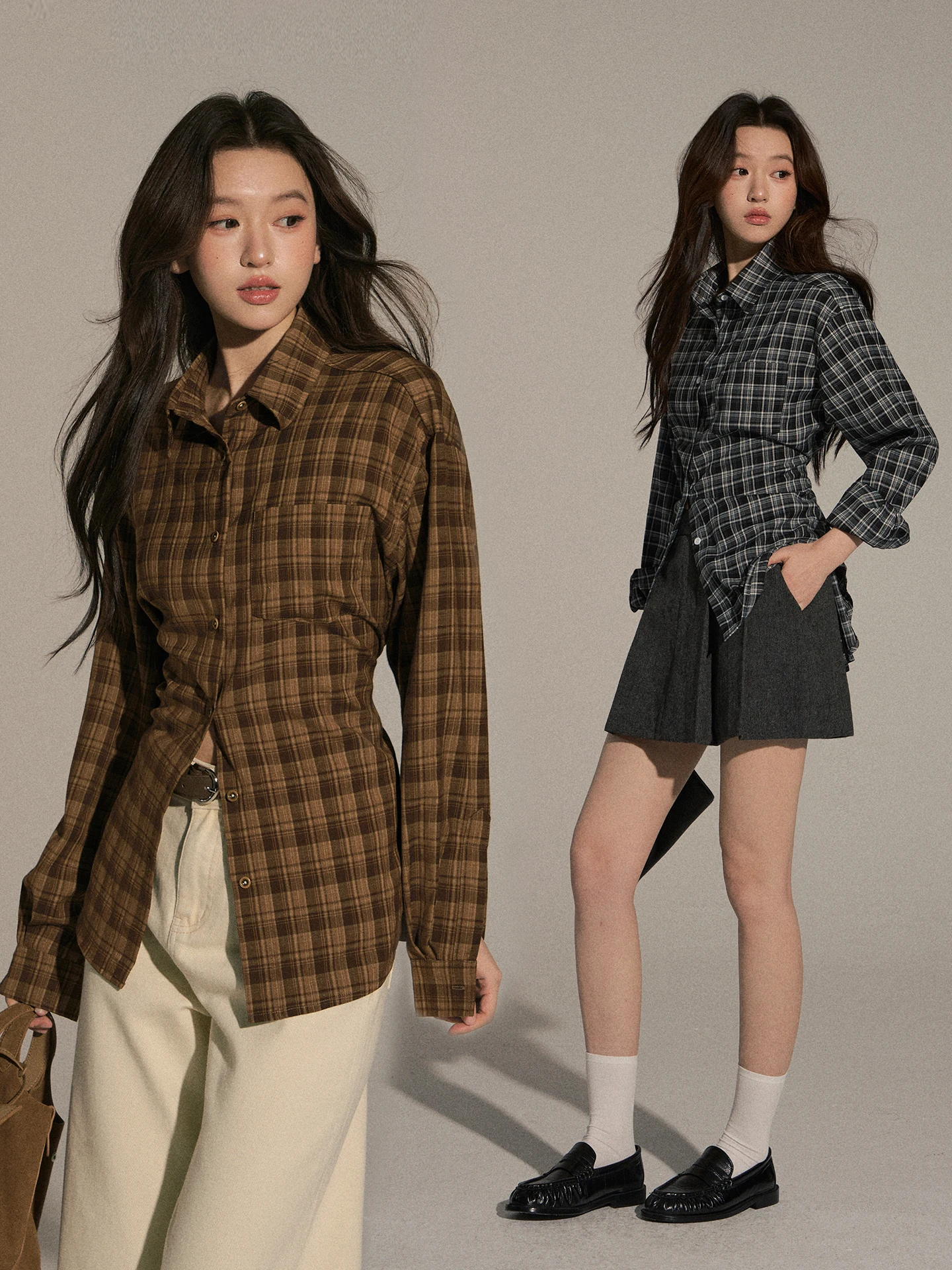 

Женская клетчатая рубашка OIOI E, облегающая, с длинными рукавами, с завышенной талией, в стиле ретро, модный многослойный дизайн, осенне-зимний топ