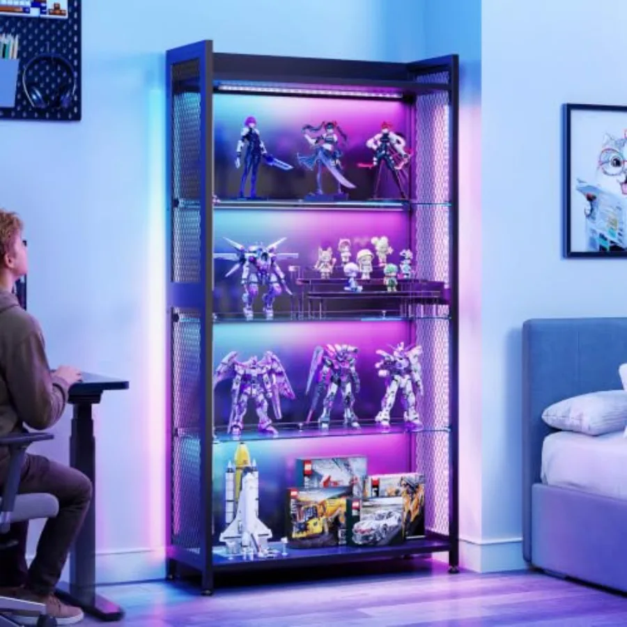 Display Case with Glass Shelves, RGB Light 4-Tier Display Cabinet view 5