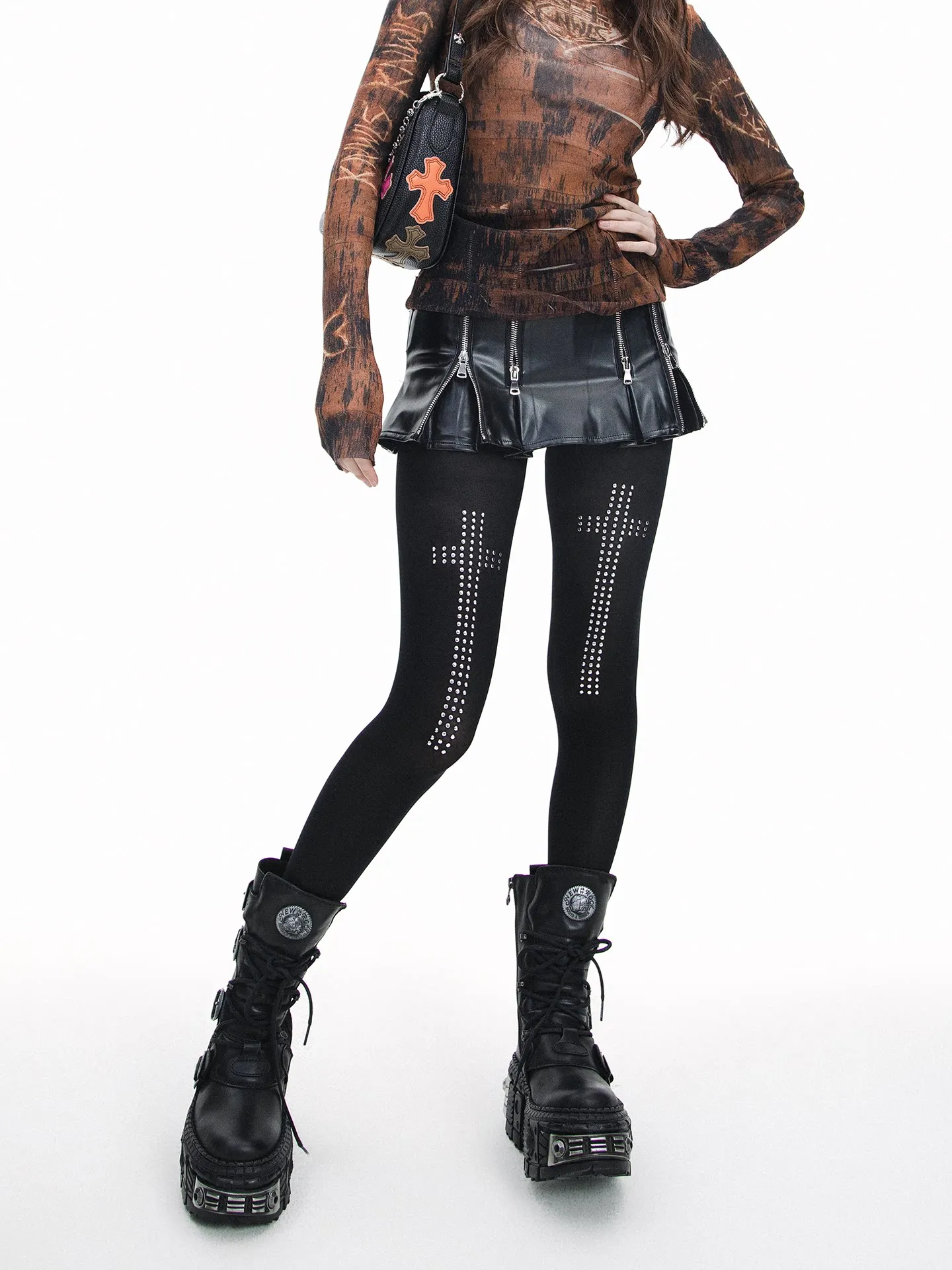 Women Black Studded Cross Tights Rhinestone High Waist Full Length Footed Pantyhose Y2K Stockings for Punk Streetwear Outfits