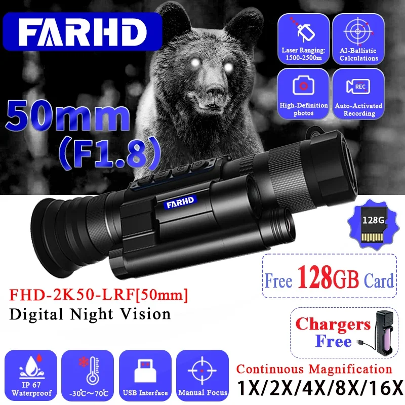 New Product FARHD 50mm Infrared Scope Optical Visible Distance 300m Low Light Digital Night Vision Monocular Telescope