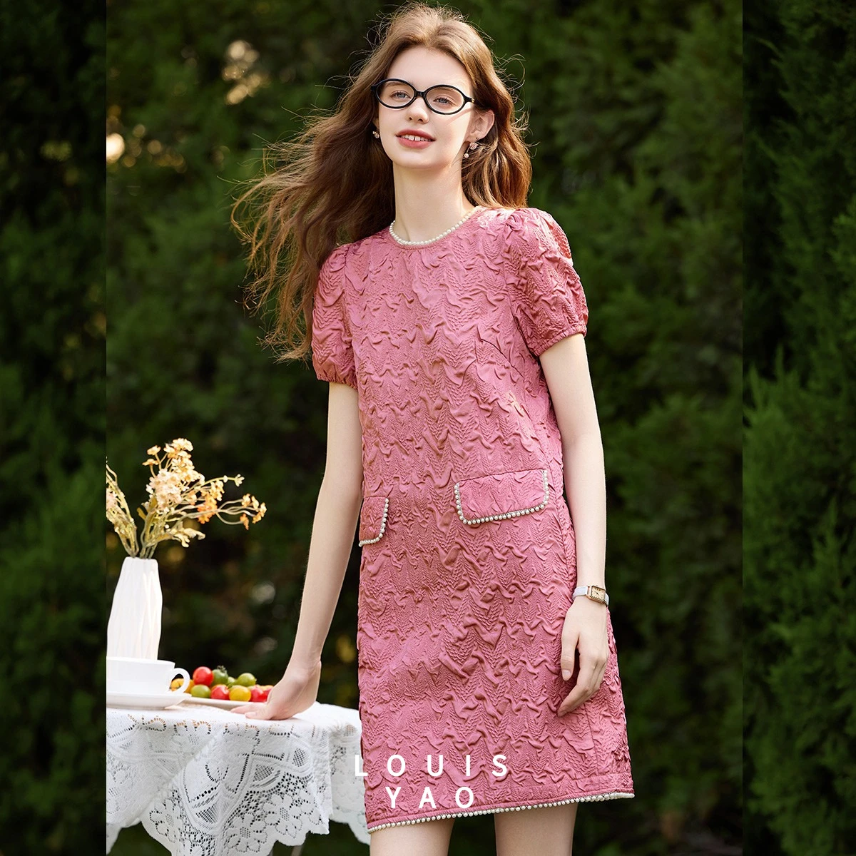 LOUISYAO 2026 Summer Vintage Puff Sleeve Dress Women Round Neck Textured Dress