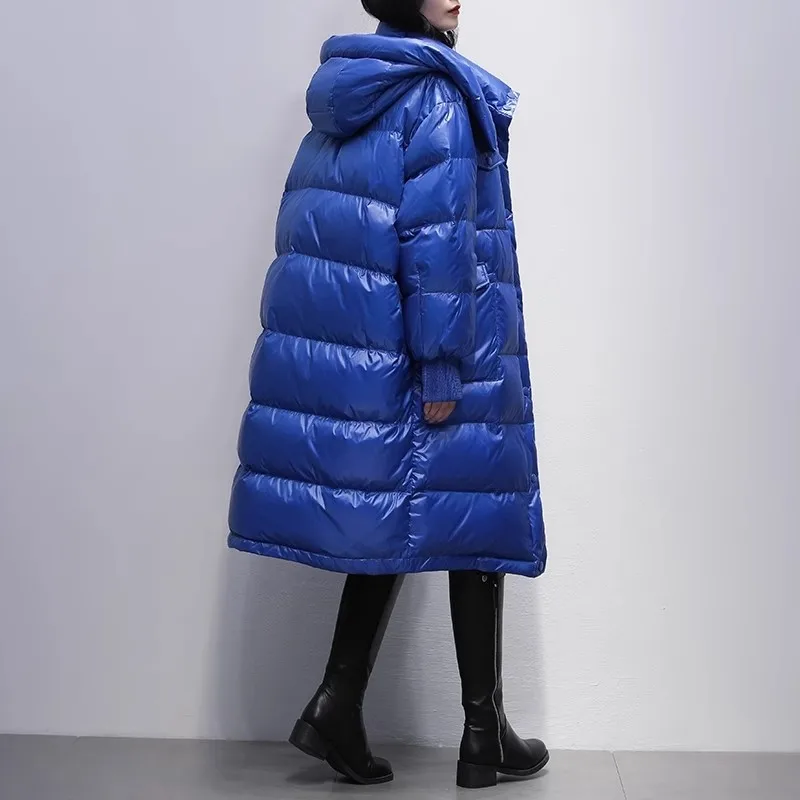 2025 Winter New Korean Edition Blue Glossy Hooded Down Coat Women's White Duck Down Thick Jackets Women Warm Parker Overcoat