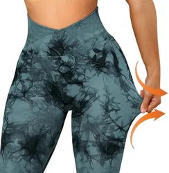 Calças de Yoga feminino Tie Dye cintura alta, Leggings em execução, Sports Fitness Vestuário, Push Up Collants, Raspar a bunda Leggings