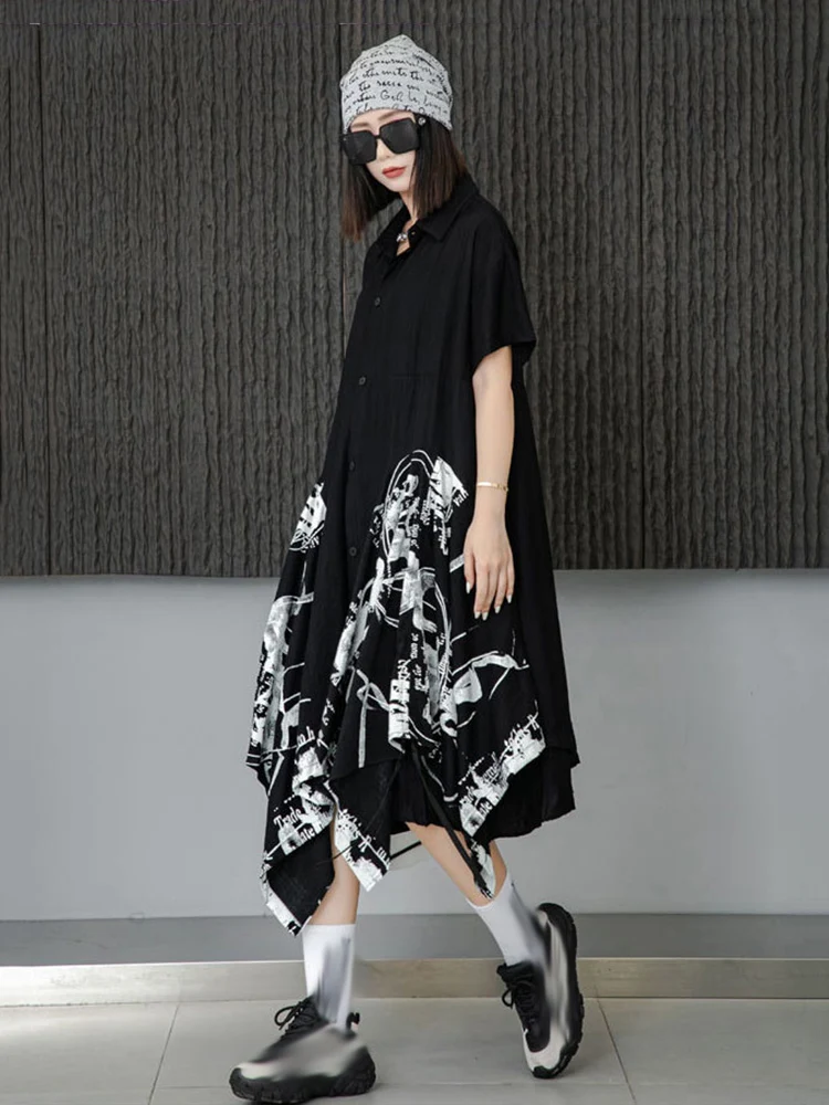 XITAO Irregular Shirt Dress Contrast Color Print Hem Loose Fashion Casual Women Summer New Asymmetrical Dress 2024 WLD20162