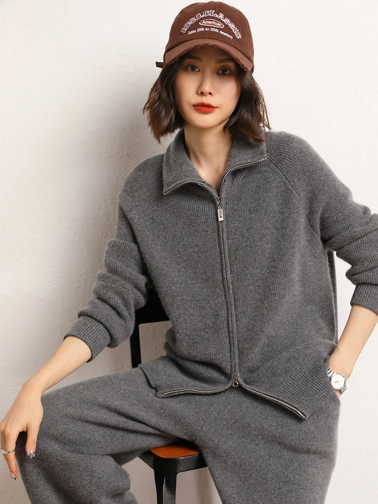 

Women's 100% Cashmere Cardigan Sweater Soild Turn-down Collar zipper Casual Versatile Autumn Winter Long Sleeve Kint Jackets