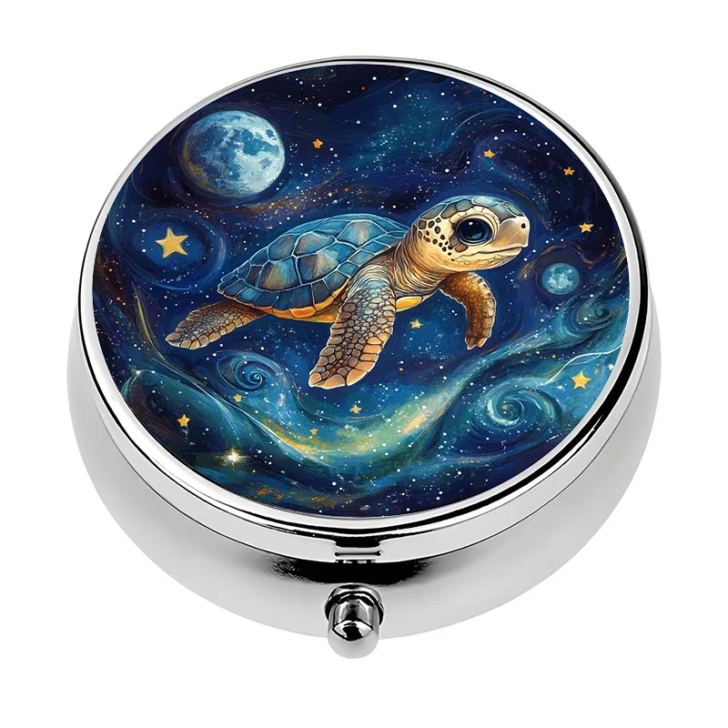 A single-layer wallet-style pill organizer with three compartments, featuring a starry night theme design. This metal mini pill box is perfect for travel and fits conveniently into a wallet or purse.