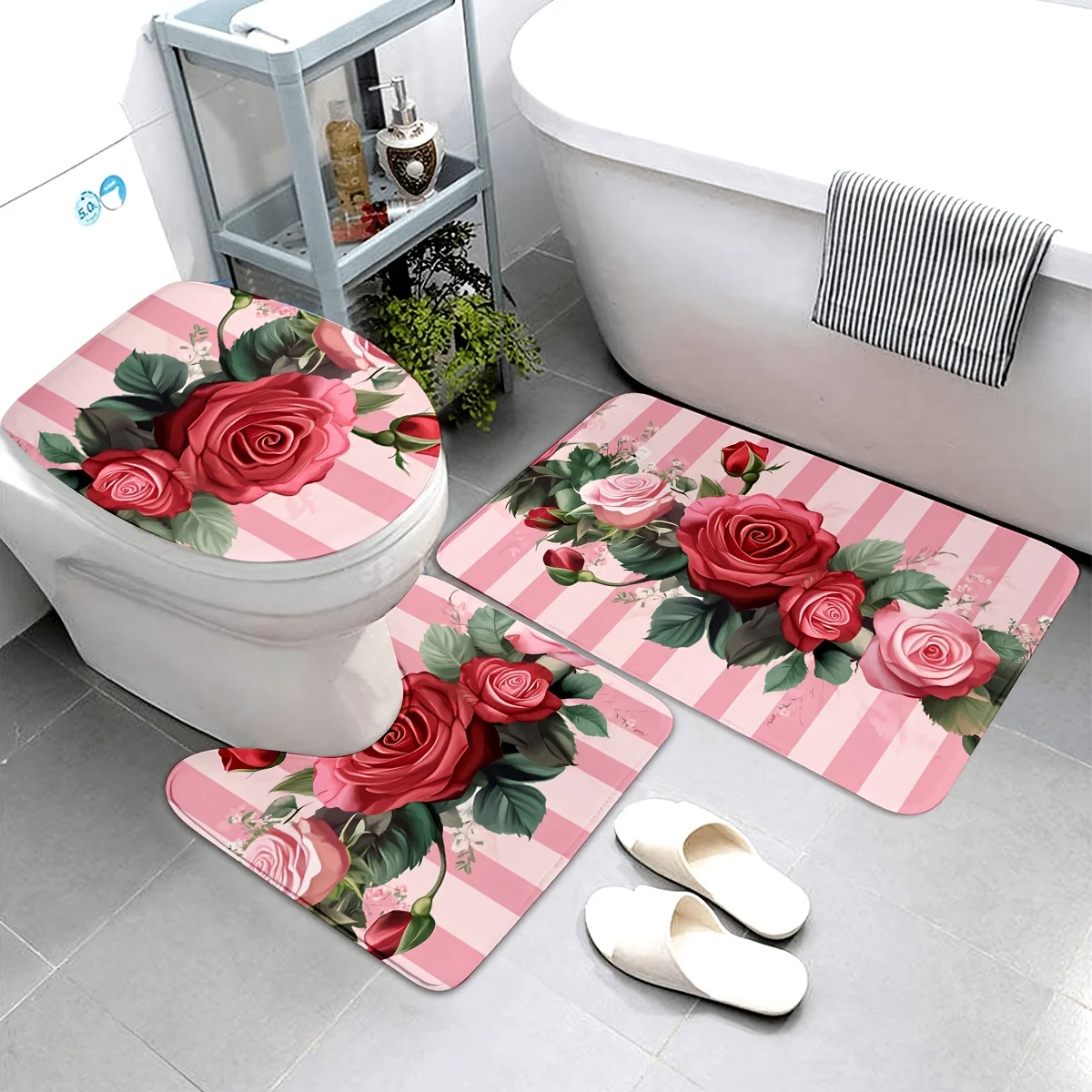 

3pcs Rose Pattern Bathroom Mat Set - Soft Flannel, Non-Slip & Washable - Includes Bath Mat, Contour Mat, and Toilet Seat Cover -