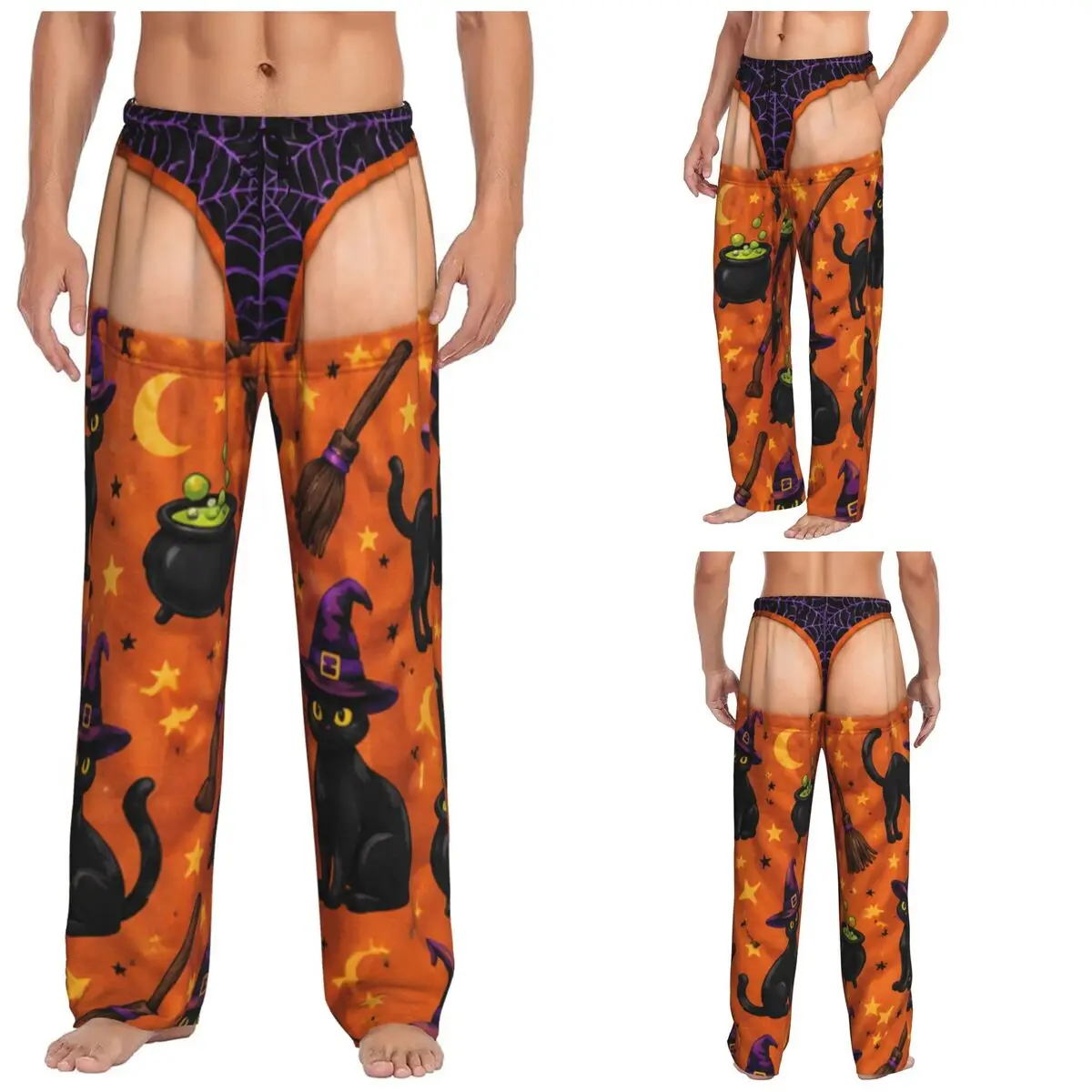 Men Funny Sexy Halloween Spider Web Spooky Gothic Raven Witchy Zombie Pumpkin Lounge Pants Pajama Sleep Bottoms With Pockets
