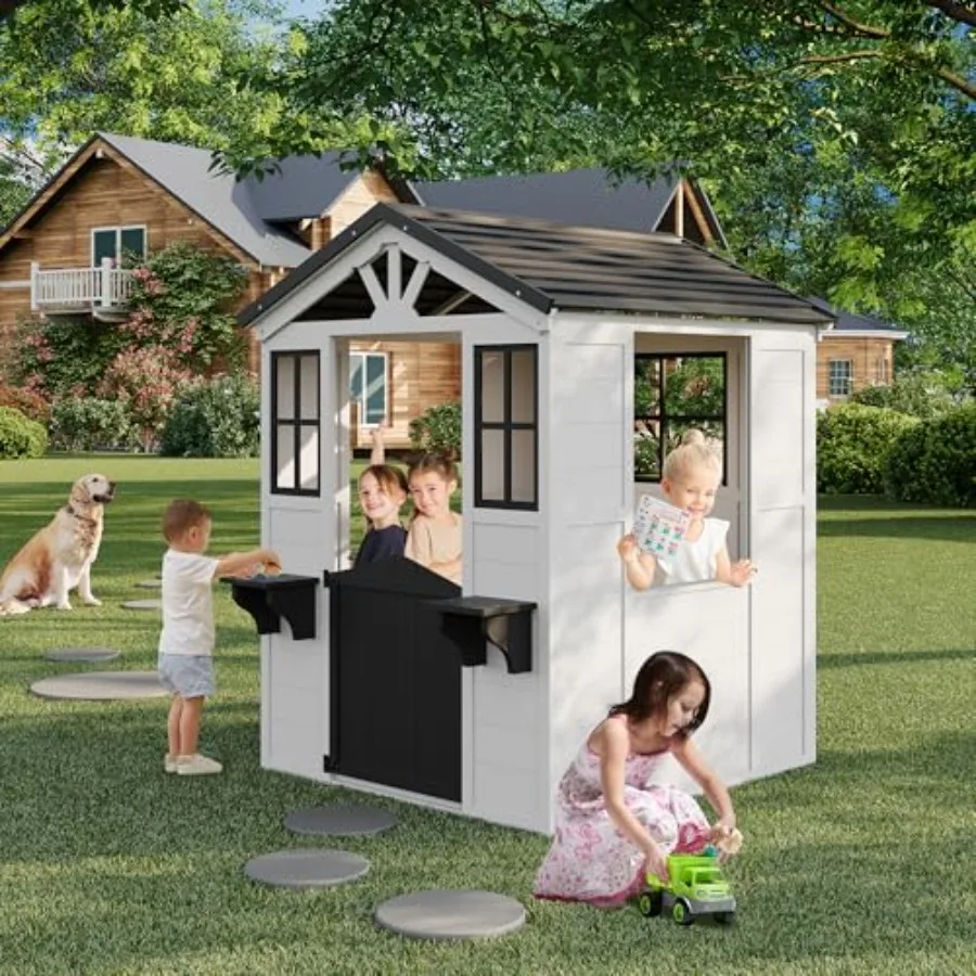 Outdoor toddler playhouse for kids with cedar wood construction, natural color, durable vinyl roof and integrated play kitchen