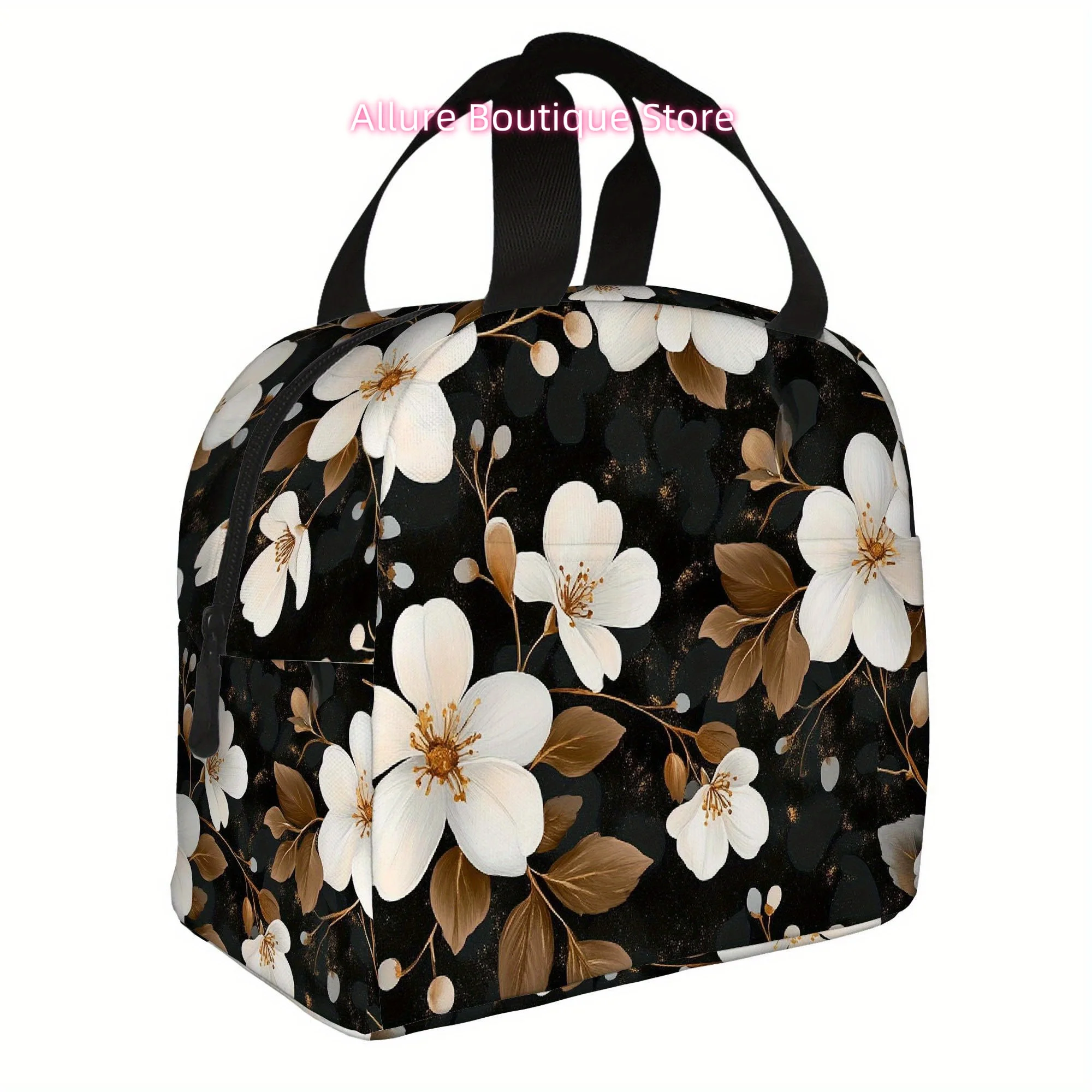 

1pc, Featuring a Floral Design with White Blooms Against a Black Backdrop. This Printed Thermal Bag Is Insulated And Not Intende