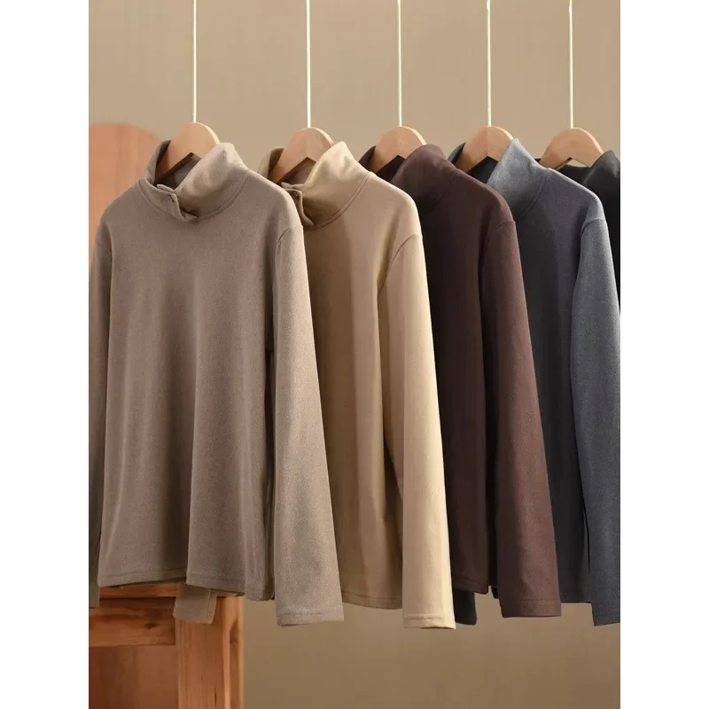 Fashion Threaded Base Shirt for Women Warm Elastic Casual and Versatile Lapel Stand Collar Two-wear Pullover Top