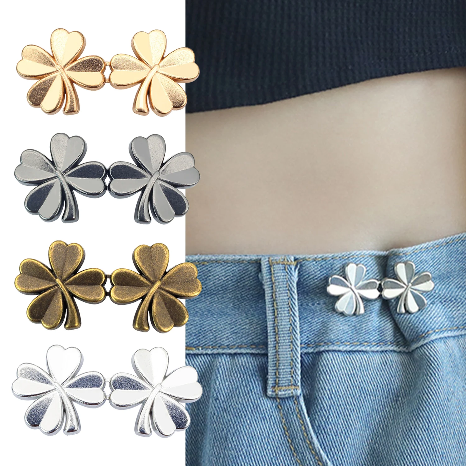 2 Pcs Four Leaf Clover Pants Brooches Buckle Pins Tighten Waist Waist Clip Adjustable Snap Detachable Button For Pants Jeans