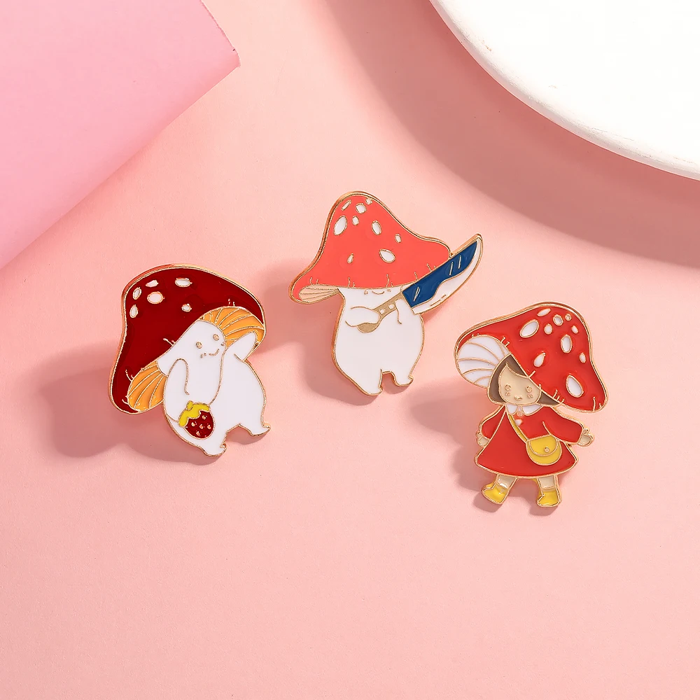 3Pcs/Set Cute Mushroom Series Pins Creative Girls Cats With Knife Pattern Enamel Golden Brooches