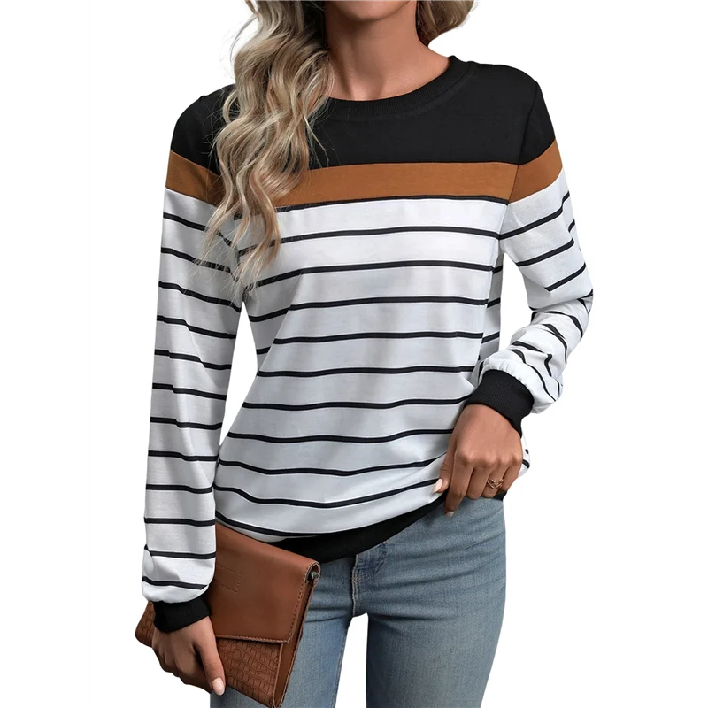 

AG-Womens Long Sleeve Striped Shirt Colorblock Tee Crew Neck Casual Tops Heart Black