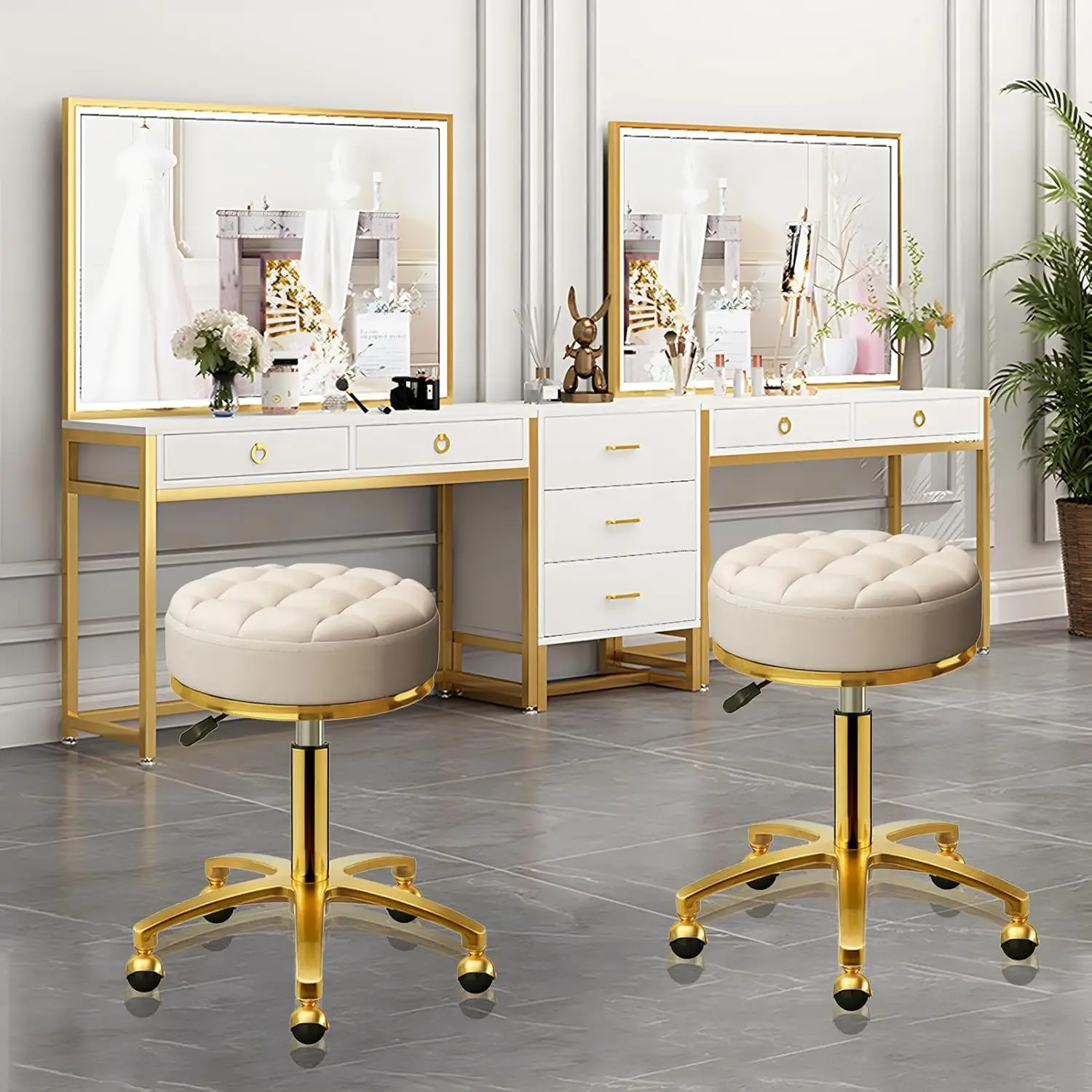 Stool Gold Vanity Stool with Wheels, Pedicure Massage Roller Stools, PU Leather Round Swivel Salon Spa Chair, Titanium Gold Base