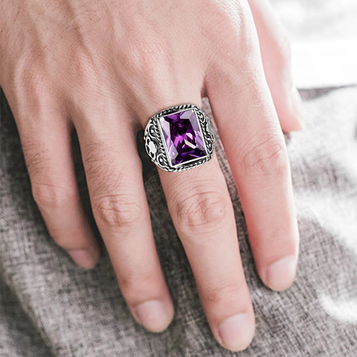 Unique 925 Sterling Silver Heavy Signet Rings Men's Massive Amethyst 12*16mm Stone Party Vintage Male Jewelry Gift For Husband