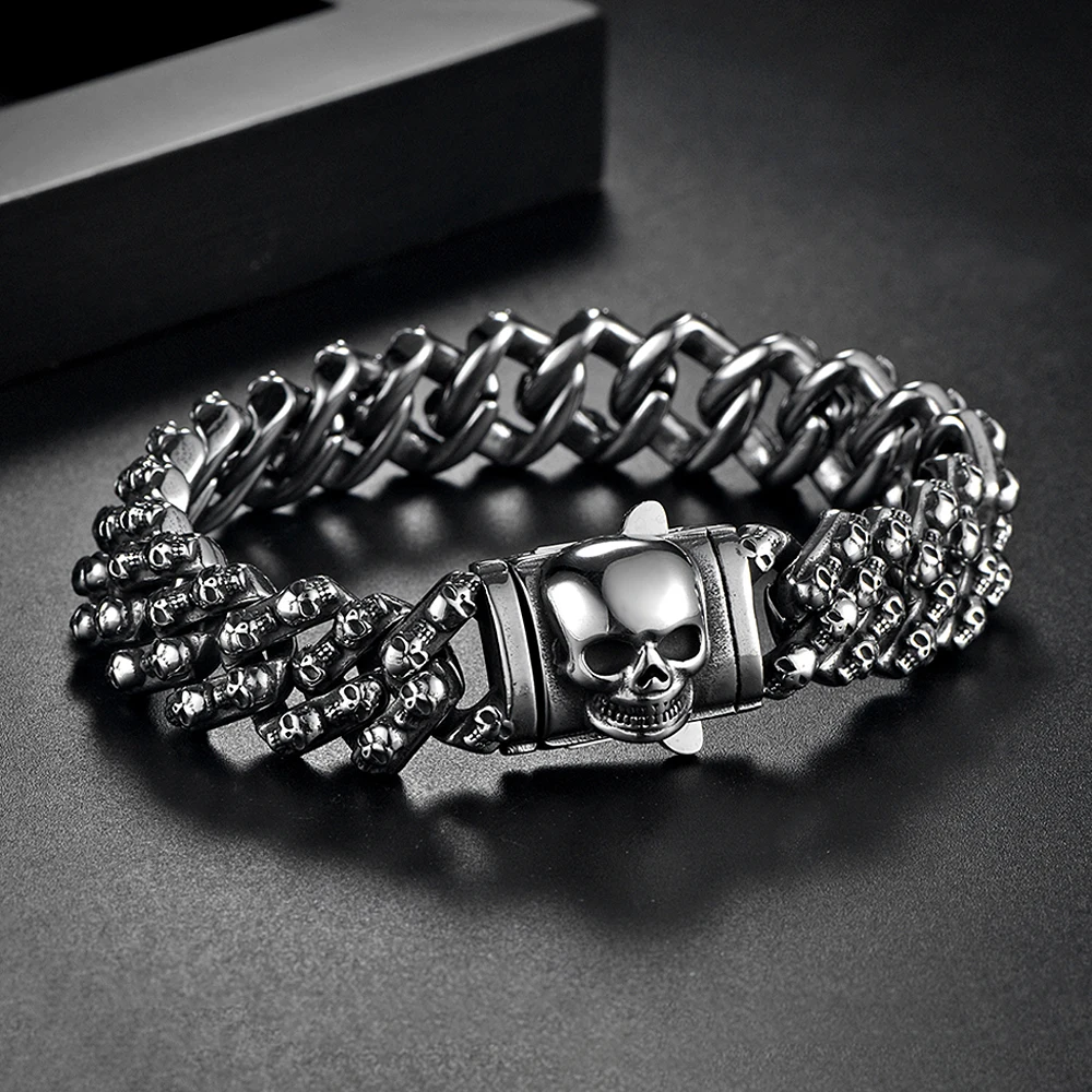 

Vintage Gothic Skeleton Men's Bracelet Stainless Steel Punk Hip Hop Skull Chain Bangles Party Jewelry Halloween Gifts Wholesale