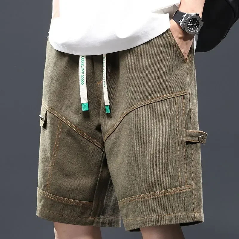 

Мужские шорты-карго, полудлинные, с эластичной резинкой на талии, мешковатые бермуды, однотонные, с завязками, свободные короткие брюки для мужчин, широкие нейлоновые брюки с несколькими карманами