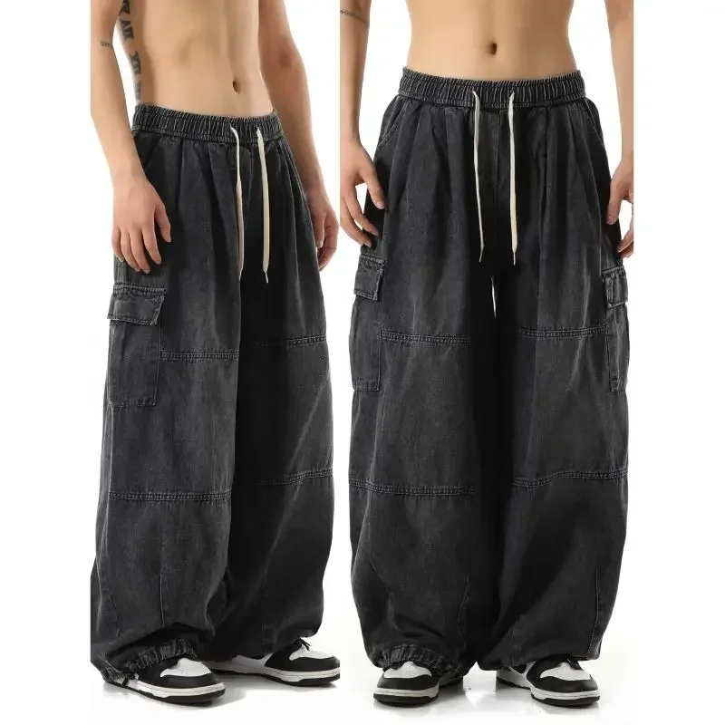 New American style black loose workwear jeans trousers men's street casual hippie jogging wide leg oversized long jeans for men