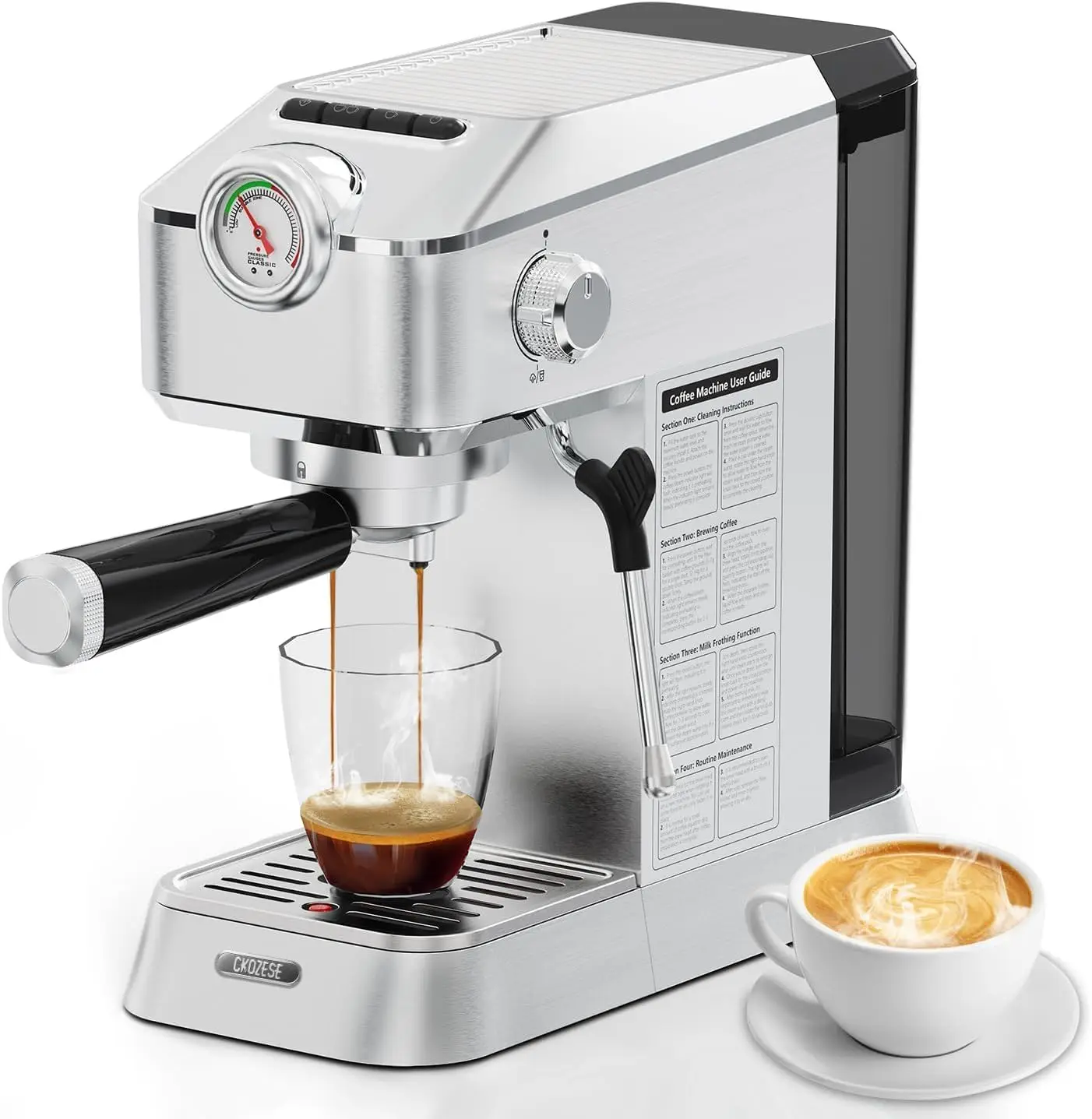 

20 Bar Espresso Machine, [2-In-1] Pro Espresso Maker with Pressure Gauge/Milk Frother Steam Wand, 1300W Stainless Steel Coffee M