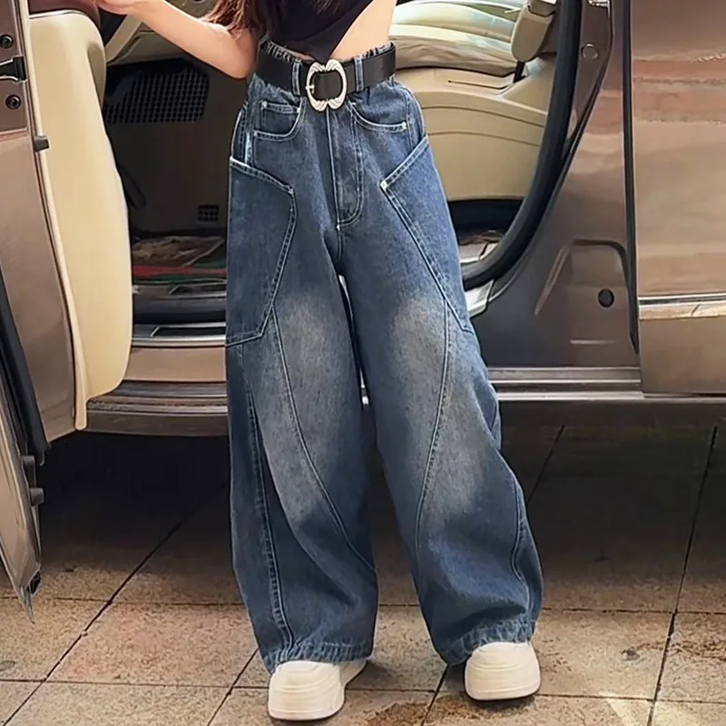 American Autumn Kids Girls Jeans UNITIM Young Teens Girls Girls Denim Pants Loose Versatile 4-14Yrs Junior Girls Straight Pants – Detail 4