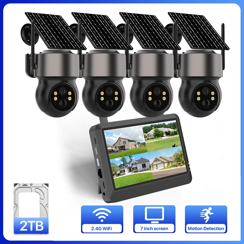 

7-inch Screen LCD Screen Wireless NVR Solar Camera 3MP Security Outdoor Battery Camera WIFI System Monitor Ai Human Detect iCSee