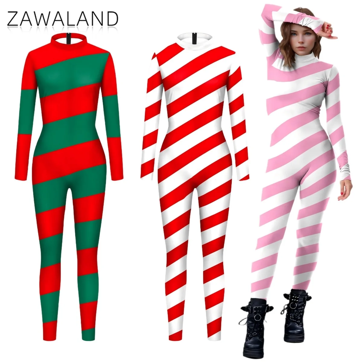 

Red White Stripe Cosplay Costume Christmas Candy Cane Jumpsuit for Man Woman Festival Catsuit Xmas Party Performance Zentai Suit