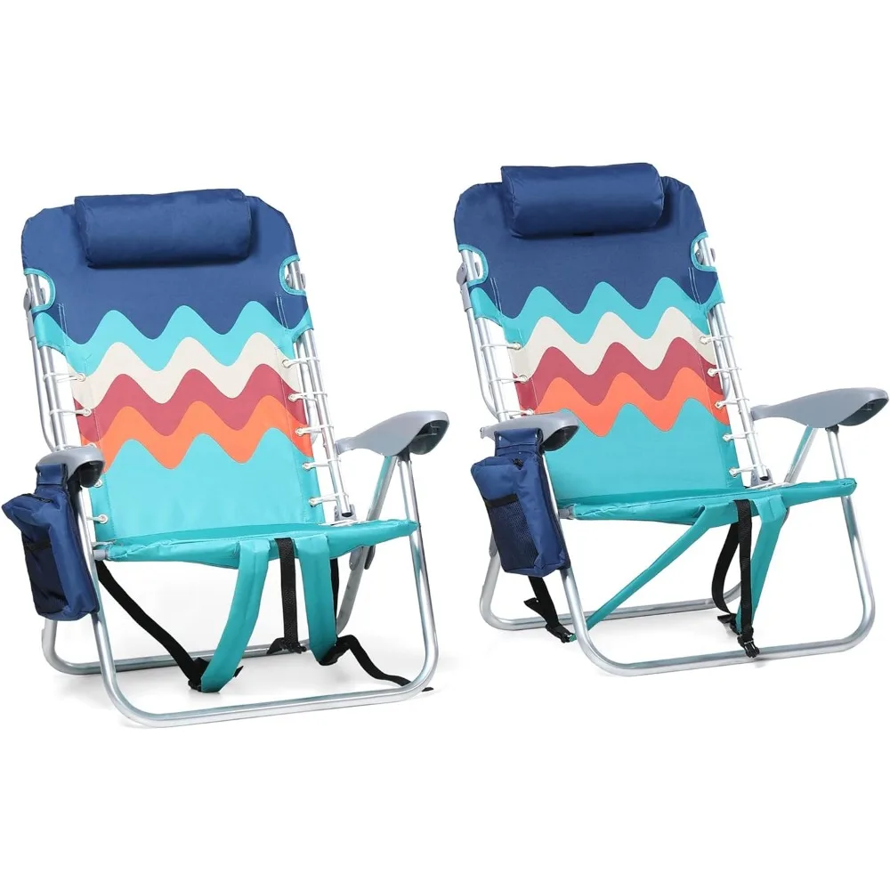 

Beach Chairs Set of 2 with Cooler Bag 4 Position Classic Lay Flat Folding with Backpack Straps Support 250LBS