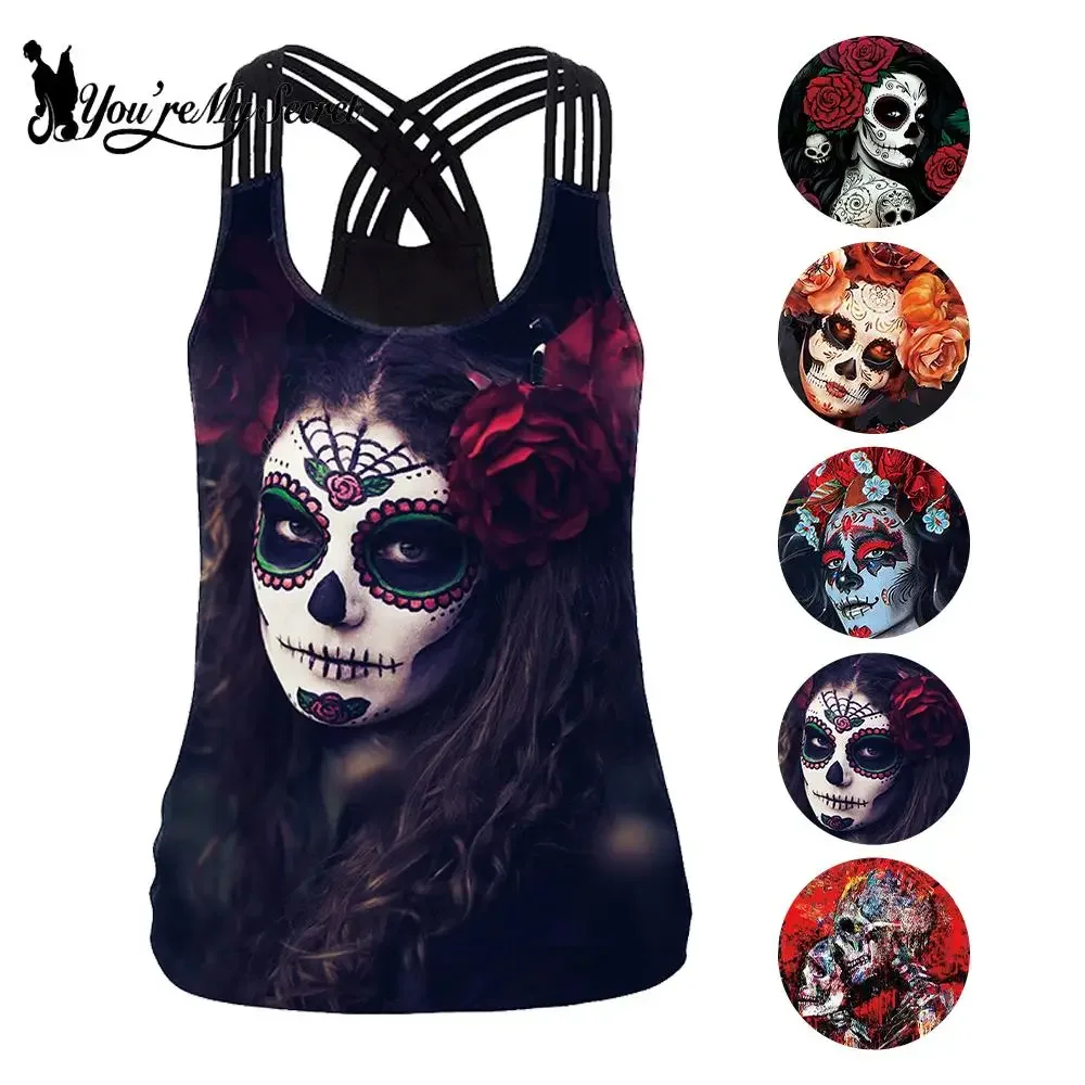 [You're My Secret] Halloween Rose Skeleton Bride 3D Print Women Tank Tops O-Neck Sleeveless Vest Streetwear Female Tee Clothes