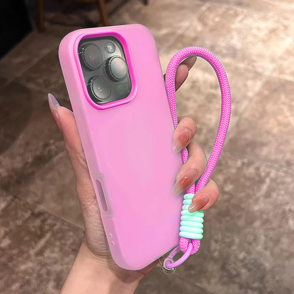 

Wrist Strap Candy Color Case for iPhone 16 15 14 Plus 13 12 11 16 Pro Max Luxury Lanyard Silicone Shockproof Protector Cover