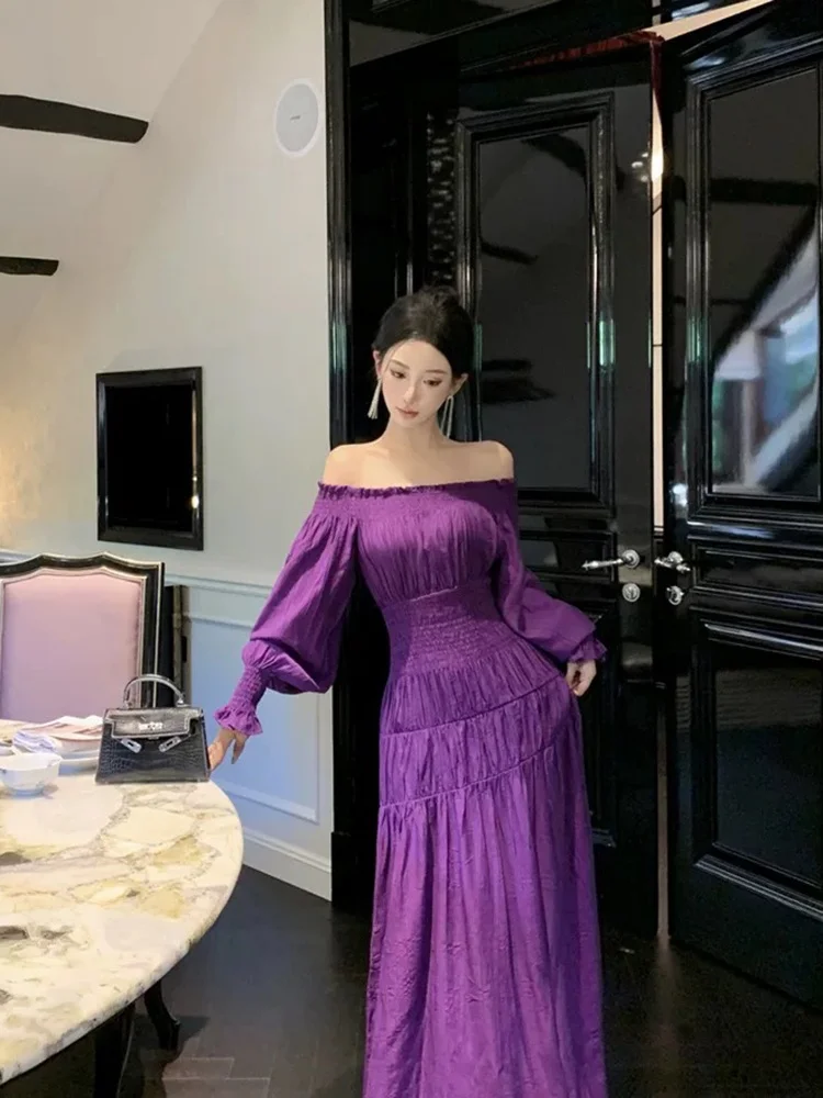 

Strive Umei Micro Fat Women Sexy One Shoulder Holiday Dress Korean Style Lantern Sleeve A-Line Long Dress Summer Commute