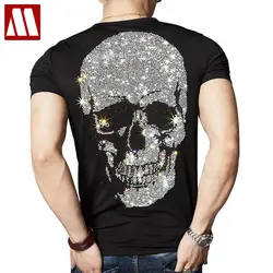 Hip Hop Rhinestone T Shirt Men Skull Print Streetwear Harajuku High Street Short Sleeve Cotton Tshirt Oversize Summer Black Tops