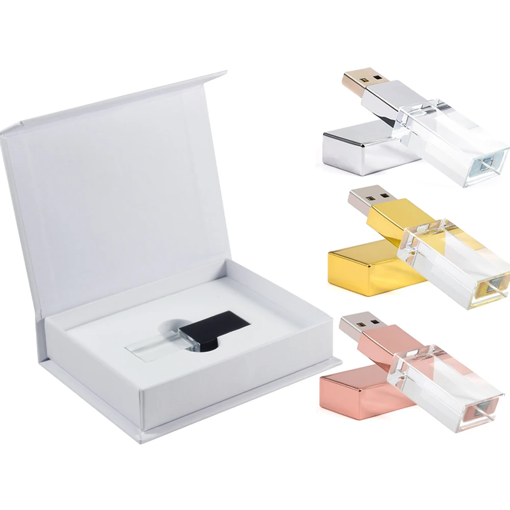 

1 Free LOGO Rose Gold Crystal USB Flash Drive 64GB Wedding Gift Box Memory Stick 3D Inner Engraving U Disk Photography Studio