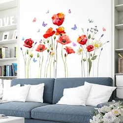 Flores vermelhas PVC Wall Stickers, Decoração do quarto, Decalques de parede de borboleta, Decor Sticker for Living Room Bedroom Home, 110x70cm