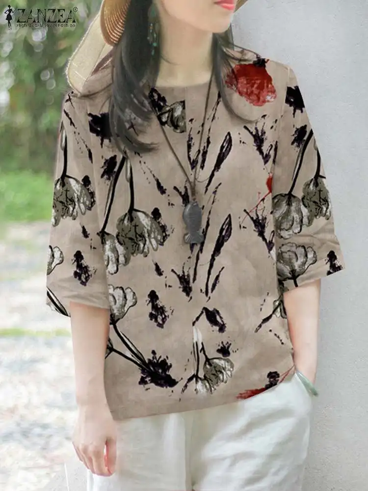 ZANZEA Casual Loose Floral Print Blouse Women Vintage Cotton Linen Tunic 2024 Summer 3/4 Sleeve Shirt Crewneck Bohemian Tops