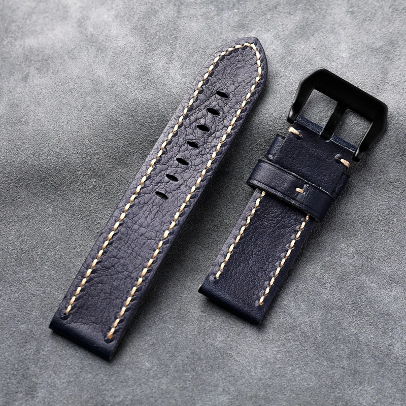 Head Layer Cowhide Leather Strap 22 24 26MM Navy Blue Folded Hand-Stitched Bracelet Suitable For Military Watches Bronze