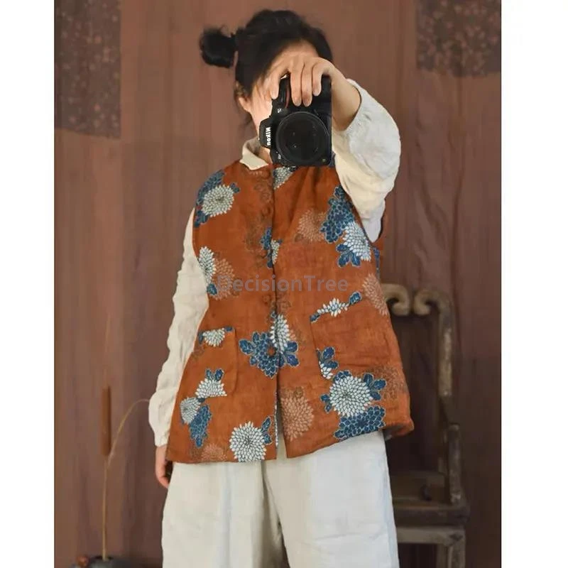 

2025 retro ethnic style literature art tea clothing autumn quilted thicken warm chinese printed vest leisure daily hemp singlet