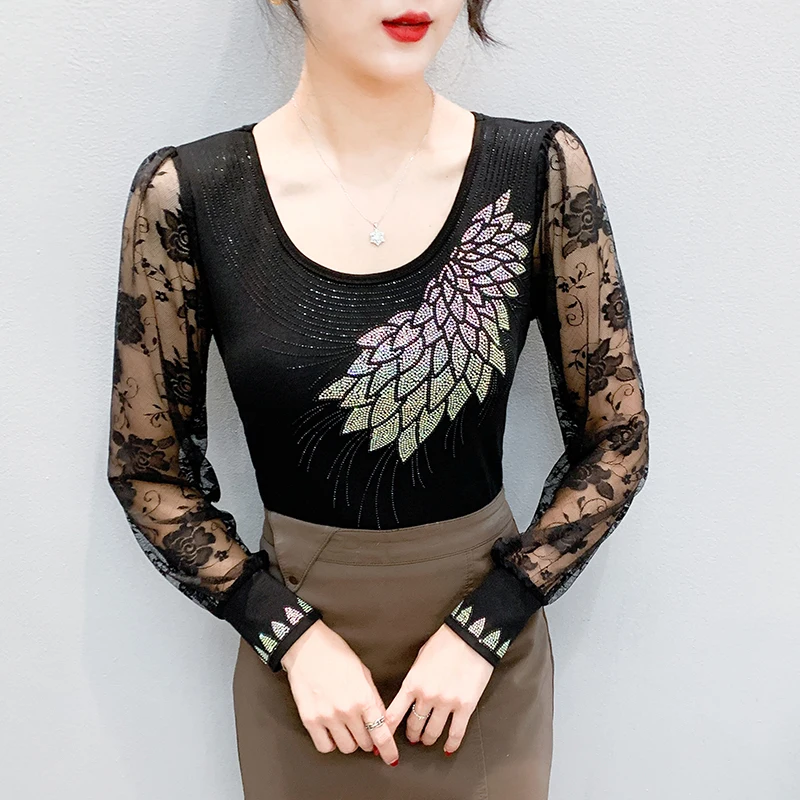 Fall,European,Clothes,T-Shirt,Chic,Sexy,O-Neck,Shiny,Diamonds,Patchwork,Lace,Women,Tops,Long Sleeve,Drilling,Hot,Tees,New,691000